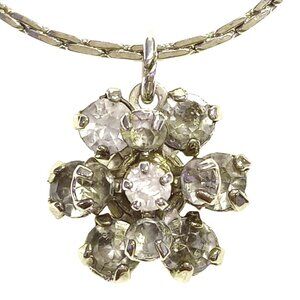 Dainty Flower Pendant Necklace Rhinestones Silver Tone Chain Signed